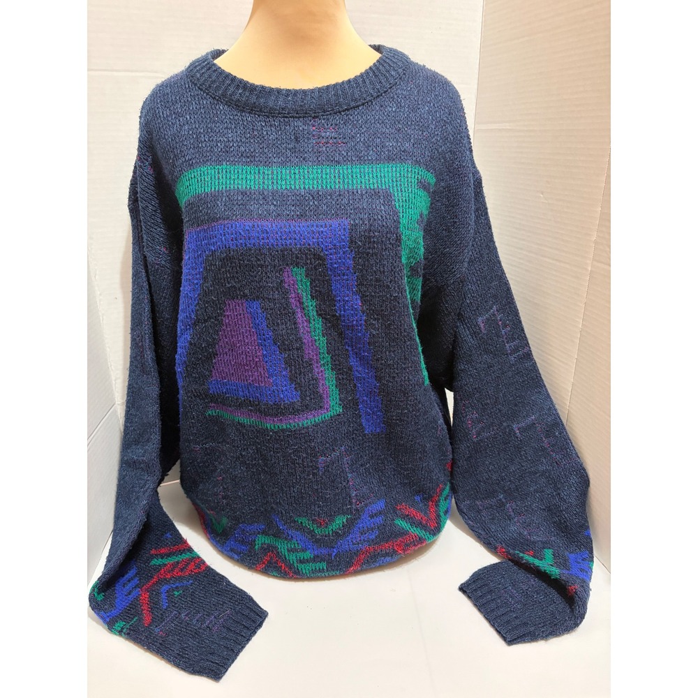 Vintage Campus Mens XL Geometric Abstract Knit Sweater Navy Blue 80s 90s USA